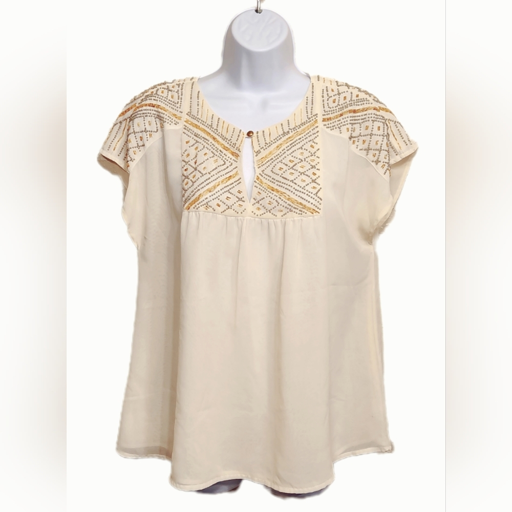 Vintage Jennifer Lopez JLo Ivory Cream Chiffon Embellished Beaded top
